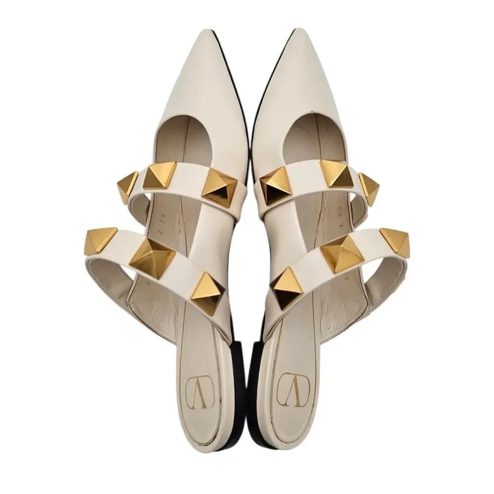 Valentino Garavani Roman Stud Flat Cage Mule Slide White Leather Gold Size 39 9